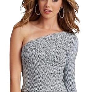 GUESS One Shoulder Top 3/4 Longsleeve Black White Marled Stretchy NWOT S
